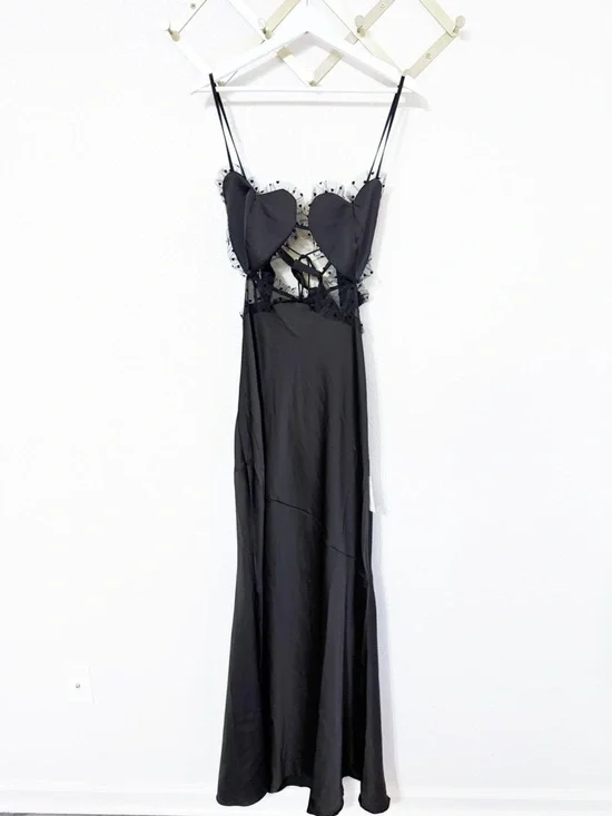 For Love & Lemons Val Heart Cup Dot Tulle Ruffle Satin Black Maxi Dress NEW - Picture 9 of 11